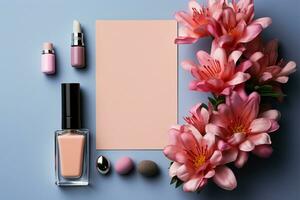 Flat lay beauty product assortment surrounding an empty decorative frame AI Generated photo