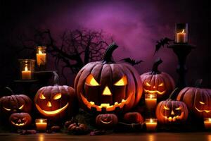 Purple background with Halloween Pumpkins text above a pumpkin display AI Generated photo