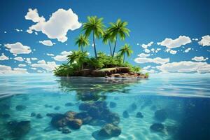 Tiny isle, palm trees afloat in the serene ocean expanse AI Generated photo