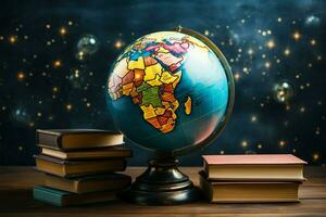 Symbolic fusion. Colorful books and globe depict knowledge and exploration AI Generated photo