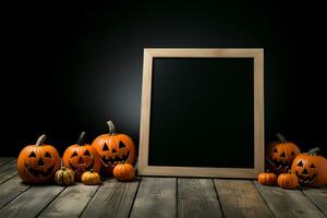 pizarra pararse, Víspera de Todos los Santos calabazas, de madera piso, en un dramático negro antecedentes ai generado foto