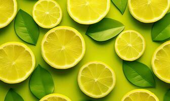 Fresh lemon slices with leaves on a green background. Juice of ripe citrus fruit. For banner, postcard, book illustration. Created with generative AI tools photo