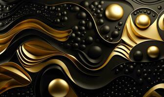 Abstract wave wallpaper. Creative gold and black background. Created with generative AI tools photo