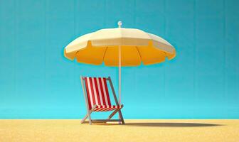 Tropical landscape with sun beds and umbrella of the beach. Vacation on a beautiful island. For banner, postcard, book illustration. Created with generative AI tools photo