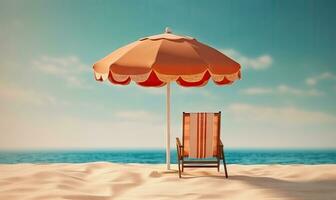 Tropical landscape with sun beds and umbrella of the beach. Vacation on a beautiful island. For banner, postcard, book illustration. Created with generative AI tools photo