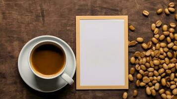 Coffee cup with blank picture frame. Coffee day concept. Generative ai photo