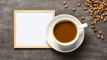 Coffee cup with blank picture frame. Coffee day concept. Generative ai photo