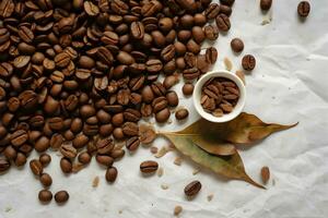 Cup of coffee with coffee beans and leaf. Generative ai photo