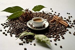 Cup of coffee with coffee beans and leaf. Generative ai photo