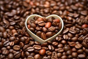 White coffee cup heart shaped with cappucino latte on roasted beans. Generative ai photo