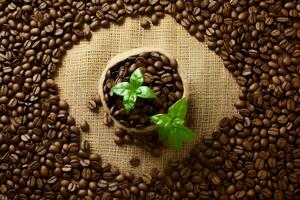 Cup of coffee with coffee beans and leaf. Generative ai photo