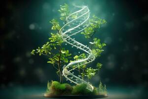 Biotechnology concept. Green plant molecular structure. Generative AI photo