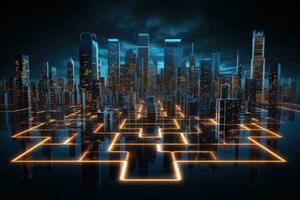 Futuristic smart city with illuminated digital connections. Generative AI photo
