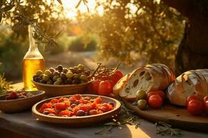 Olive oil, bread and vegetables on table outdoors. Generative AI photo