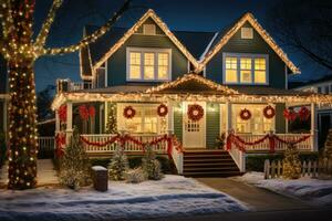 residencial casa con Navidad decoraciones generativo ai foto