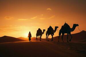 un línea de cuatro camellos atravesar Desierto dunas debajo el Mañana amanecer ai generado foto