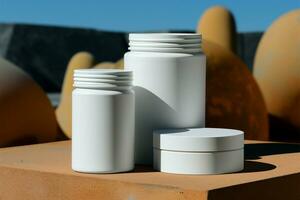 Clean white container juxtaposed on a rugged concrete surface AI Generated photo