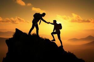 Success captured in silhouettes as one man helps another, teamwork AI Generated photo