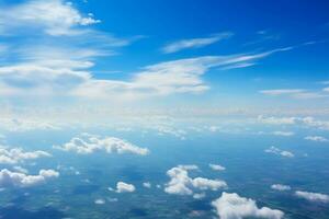 Serene heavens. Blue sky adorned with textured clouds offers peacefulness AI Generated photo