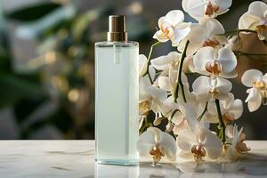 Elegant skincare bottle framed by a blooming orchid, selective focus AI Generated photo