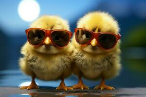 Farms newest member, a baby bird donning tiny sunglasses adorably AI Generated photo