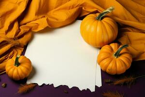 Autumns canvas Pumpkins juxtaposed with a blank sheet of paper AI Generated photo