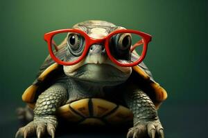 Cute turtle dons glasses, red wallpaper backdrop a smart, funny genius AI Generated photo