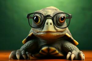 Intelligence meets cuteness, turtle with glasses on red backdrop, blurred green AI Generated photo