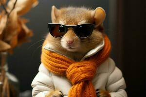 A small rodent, stylish in glasses and a scarf, stands as a mannequin AI Generated photo