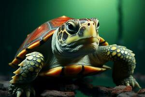 A vivid high res image features a wise green turtle against red AI Generated photo