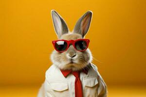 Spectacled bunny poses in splendid isolation against a clean background AI Generated photo