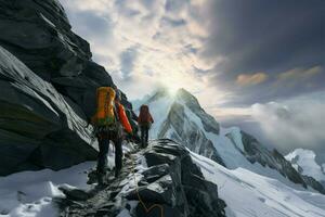 grossglockner cumbre hace señas alpinistas, un prueba de su montaña brío ai generado foto