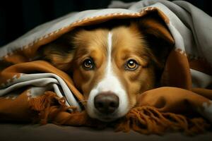 Bed adorned canine rests under a cozy brown and white blanket AI Generated photo