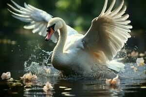 cisne se mueve con gracia, deslizamiento pacíficamente a través de un tranquilo estanque ai generado foto