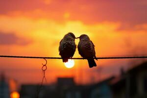 Sunsets hues backdrop bird couples silhouette on wire, a love story AI Generated photo