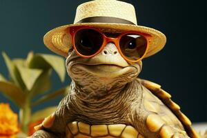 Easygoing turtle, straw hat, shades accentuate its charming, relaxed demeanor AI Generated photo