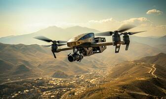 Military fpv drone hovering over a vast desert landscape with distant mountains. Created with generative AI tools photo