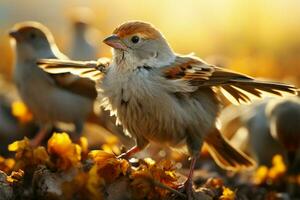 Passer montanus sparrows unite in a delightful and lively flock AI Generated photo