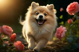 Energetic spitz frolics in the garden, cradling a precious flower AI Generated photo