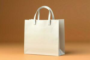 a white paper bag with a handle on a beige background AI Generated photo