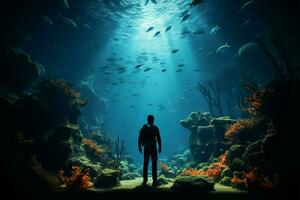 In awe, a man stands before a massive, fish filled aquatic tank AI Generated photo