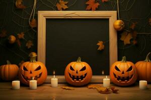 A rustic template with a grainy frame showcasing Halloween pumpkins expressions AI Generated photo