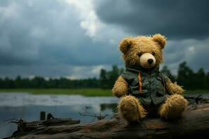 Solemn vintage bear doll, evoking deep solitude in dark tones AI Generated photo