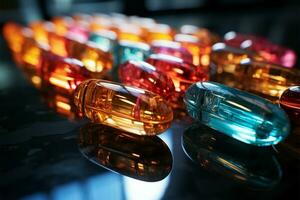 Medical capsules cascade, representing antibiotic efficacy Vibrant 3D healthcare illustration AI Generated photo