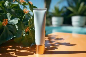 Sunscreen tube resting near a lush potted plant, sun protection AI Generated photo