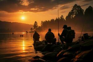 Sunset shoreline scene anglers gather, casting lines, silhouetted beautifully AI Generated photo