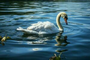 Tranquil summer scene A swan gracefully glides on a serene lake AI Generated photo