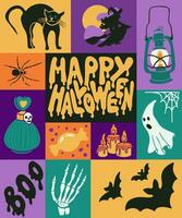 Happy halloween graphic minimalistic style poster. Hand drawn halloween related items in flat minimalistic style. Perfect for social media, graphic poster, card, printout, pattern, tshirt print vector