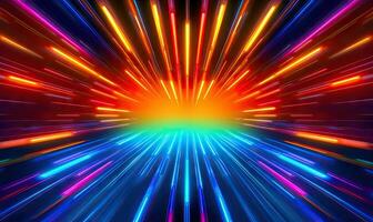 Neon futuristic flashes on black background. Motion light lines backdrop. For banner, postcard, book illustration. Created with generative AI tools photo
