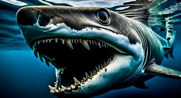 Close up portrait of shark in ocean, terrible jaws photo